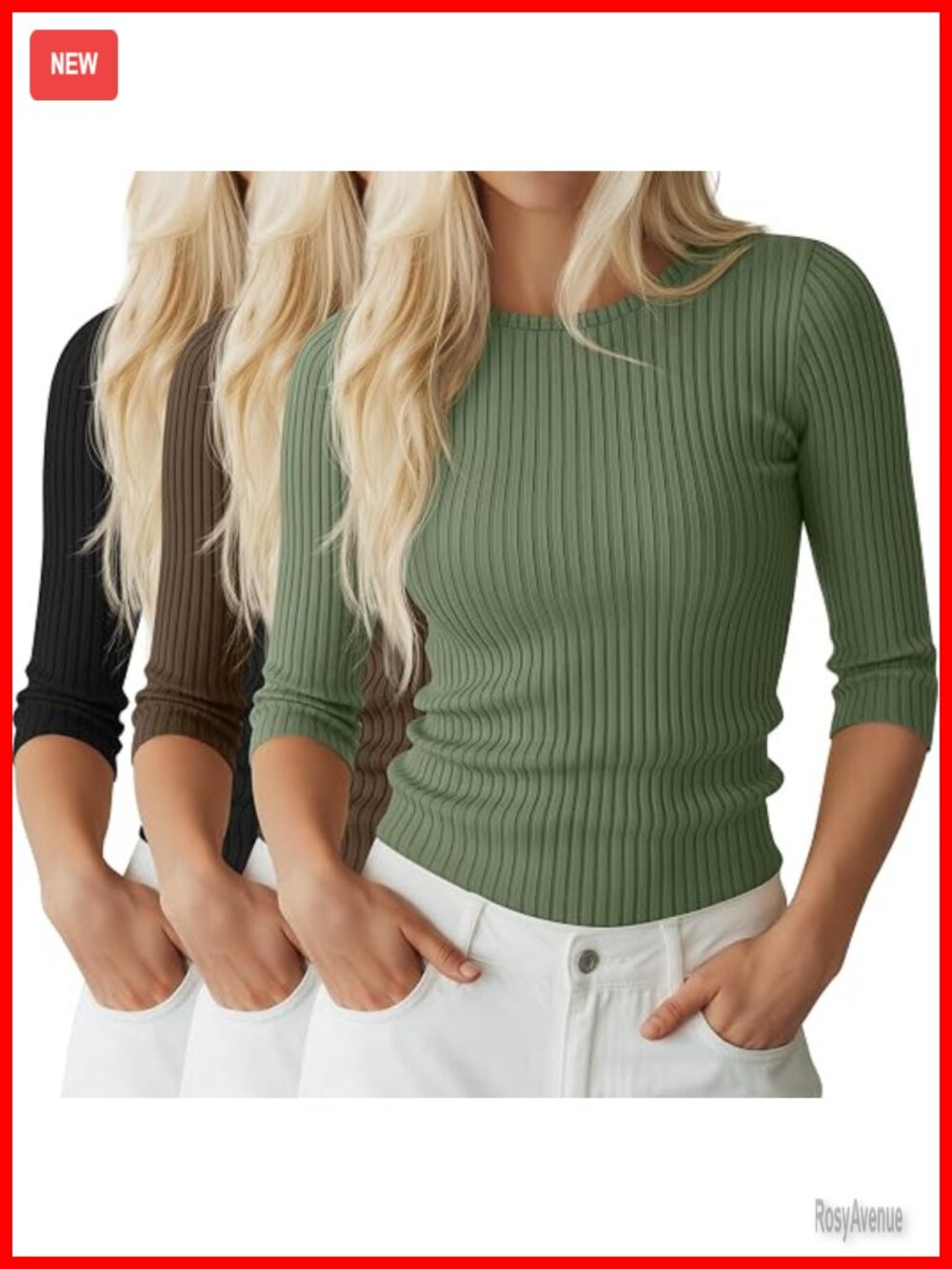 3 Pack 3/4 Sleeve Tops for Women Cotton Knit Ribbed T Shirts Slim Fit Casual